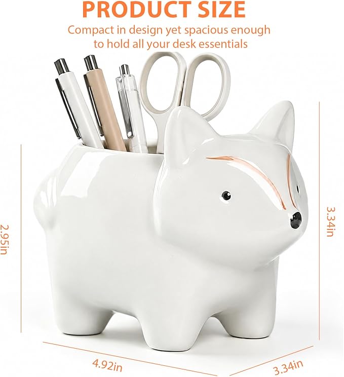 Ceramic Fox Shaped Pen Pencil Holder for Desk Decoration Accessories Fox Decor Makeup Brush Pen Cups Office School Ideal Gifts for Women, Mom or Birthdays