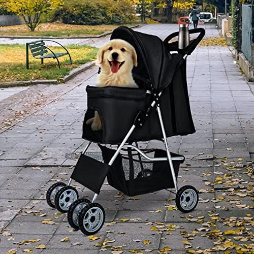 BestPet | 4-Wheel Foldable Pet Stroller | Black | Lightweight & Portable | Travel Carrier with Mesh Windows, Storage Basket, Cup Holder, Safety Brakes, and Waterproof Fabric | For Small Dogs and Cats