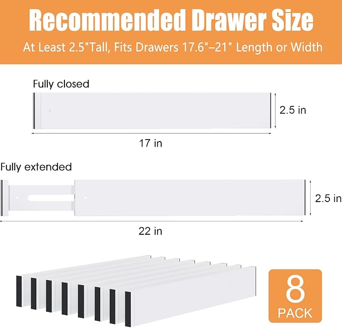 Bamboo Drawer Dividers, Adjustable Drawer Organizers, Fits 17.6–21" Drawers | 2.5" High, 8 Pack Expandable Drawer Separators for Kitchen, Nursery, Dressers & Office Storage, White