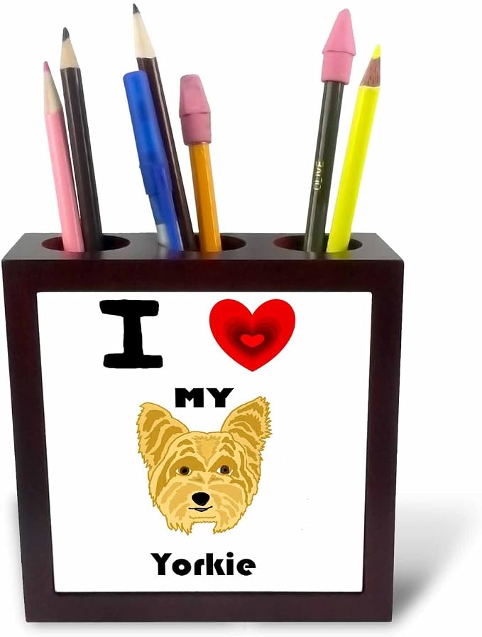 3dRose All Smiles Art Pets - Funny Cute I Love my Yorkie Yorkshire Terrier Dog Art - 5 inch tile pen holder (ph_256406_1)
