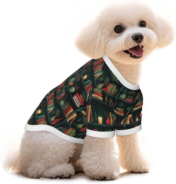 Bookshelf Green Books Dog T Shirt Dogs Cats Cotton Shirts Short Sleeve Clothes Soft Stretchy Pet Costume Doggy Outfit Pullover Jumper Puppy Sweatshirt Large