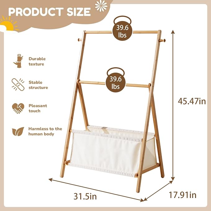 Baveke Montessori Bamboo Clothing Rack for Toddlers - Foldable Kids Wardrobe Organizer with Storage Basket, Nursery Clothes Storage Rack for Small Spaces, Sustainable & Easy Assembly