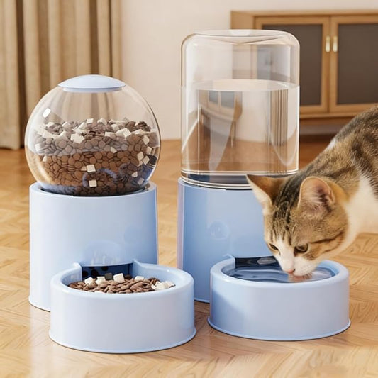 Automatic Cat Feeder and Water Dispenser Gravity Food Feeder and Water Set, Pack of 2, Cat Food Dispenser and Gravity Water Fountain for Cats Small Dogs Puppies Kittens Pets (Blue B)