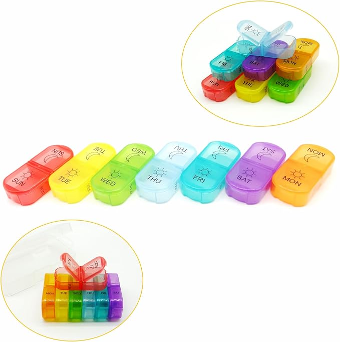 Travel Pill Organizer 7-Day for Purse Pocket, Daily Medicine Case | Box with 14 Compartment Weekly Meds Container Reminder Planner AM PM Hold Medicine, Vitamin, Supplement, Fish Oil, Colorful