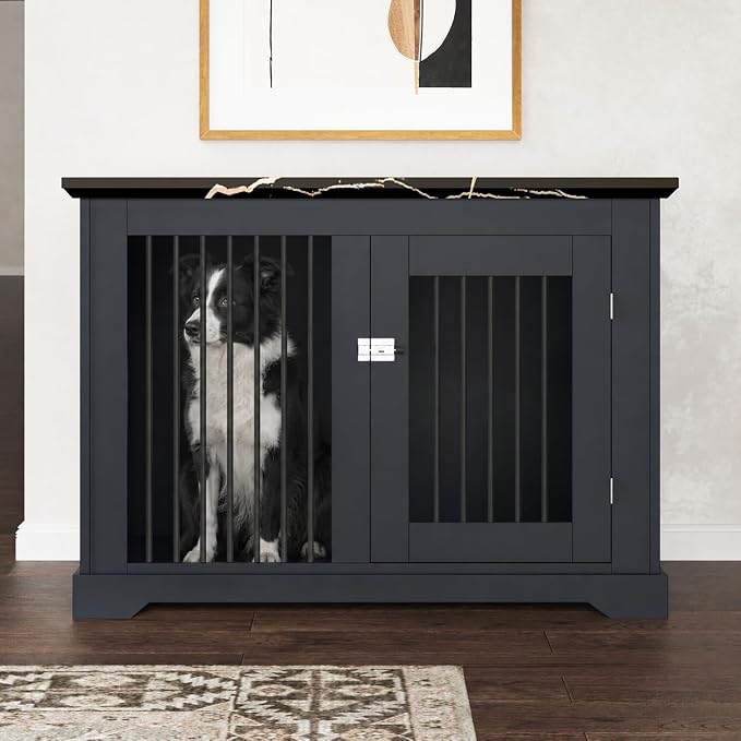44" Wooden Dog Crate Furniture,Large Kennel Pet Cage End Table for Indoor | for XXL XL Medium Dogs, Grey and Wood, Fits Living Room Bedroom, Heavy Duty Steel Frame with Lock 100 lbs Cap, 100 lbs Top.