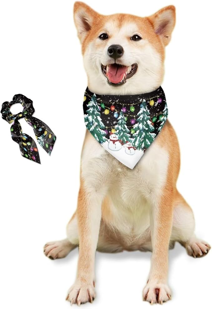 COEQINE Christmas Dog Bandanas Over Collar Valentines Dog Bandanas with Hair Tie Bracelet Set 2 Pcs Adult Costume and Dogs Clothing for Holiday Party Cosplay,Xmas Tree Black Snowman Lights