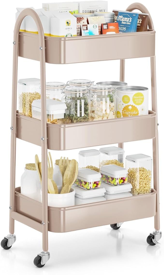 3 Tier Rolling Cart, Large Metal Storage Cart with Handle and Lockable Wheels, Big Multifunctional Storage Organizer Trolley with Mesh Baskets for Kitchen, Living Room, Office, Garage (Beige)