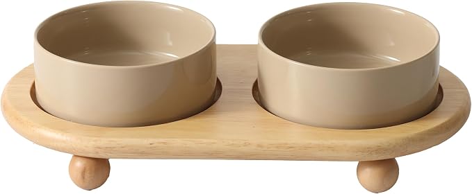 Havniva Raised Cat Bowl 5.1” Elevated Ceramic Cat Food and Water Bowl Set | Cat Bowls Elevated, Whisker Friendly Cat Bowl, Non-Slip Wood Stand, Food-Grade Ceramic, Wide Opening, Dishwasher Safe
