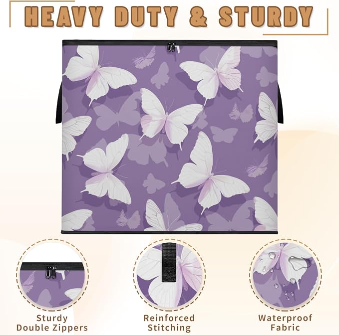 Butterfly Large Storage Bags, Fabric Bed Storage Containers, Foldable Closet Organizers for Blanket, Clothing, Comforter, Bedding, Purple