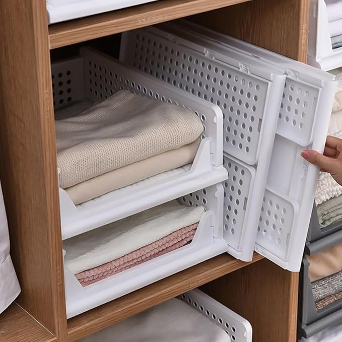 This Versatile Stackable Foldable Closet Clothing Storage with Drawer Shelves for Bedroom Kitchen Living Room Bathroom - White (4-Tier H-14cm + 3-Tier H-14cm)