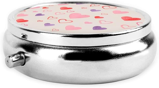 Small Pill Organizer, Round Metal Dispenser, Portable Case for Fish Oil, Travel Pill Box Purse Essential, Cute Love Hearts