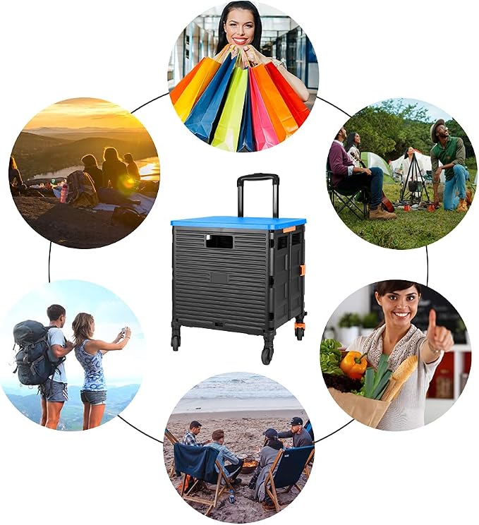 FELICON SELORSS Foldable Utility Cart Folding Portable Rolling Crate-Blue | Heavy Duty,Telescoping Handle,4 Rotate Wheels,Collapsible Handcart for Travel Shop Move Luggage Laundry Teacher Office Use