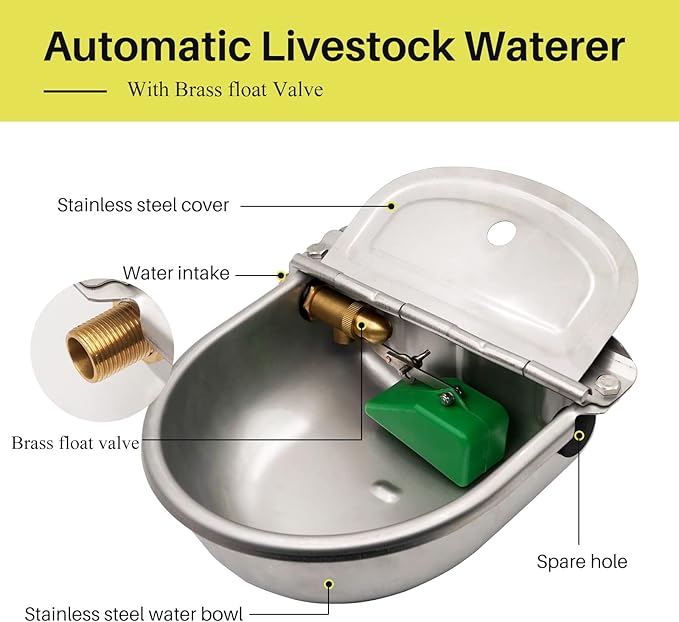 Automatic Dog Water Bowl Dispenser 85oz, 304 Stainless Steel Self-Filling Bowl with Brass Float Valve for Outdoor Large Breeds, Fit 3/4" GHT Faucet - Ideal for Chickens Livestock