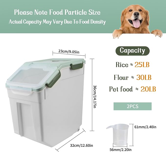 Large Flour Storage Container Bin 25lb, 2Pack Airtight Rice Storage Containers with Wheels Seal Locking Lid, BPA Free with Measuring Cup&Scoop for Flour, Rice, Grain(Green)