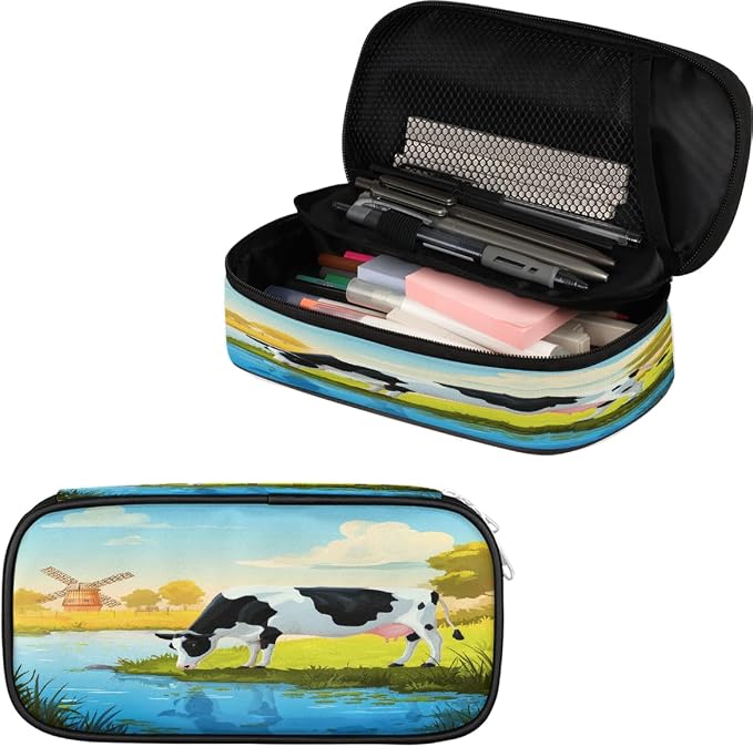 Pencil Case Pouch, Cute Farm Cow Large Pen Bag with Zipper, Portable Zipper Pencil Pouch Organizer for Student Teen Girls Boys