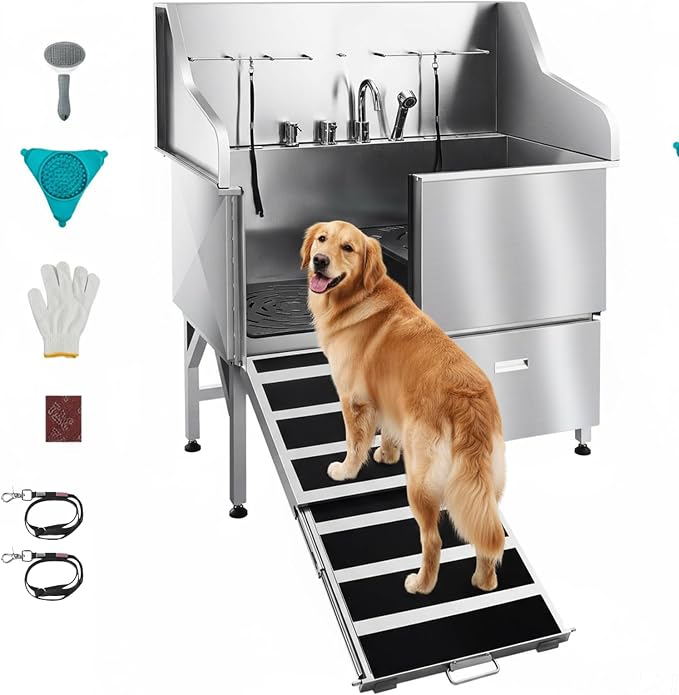 VEVOR Dog Bath Tub, Professional 50 Inch 304 Stainless Steel Dog Washing Station Anti-Slip Ramp & Storage Drawer, Hot Cold Water Faucet and Showerhead for Large Medium Small Dogs (Left Door) | Dog Bathtub with Anti-Slip-Ramp for Large, Medium & Small P...