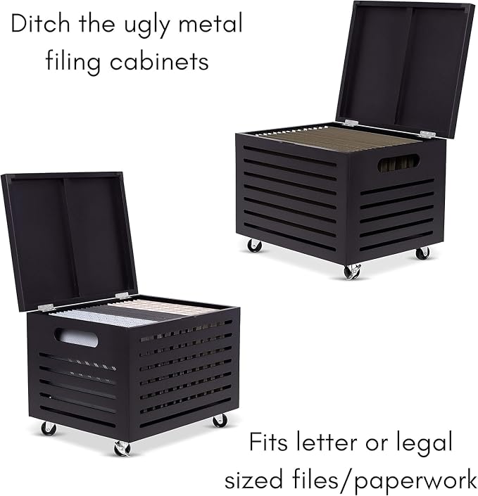 BIRDROCK HOME Bamboo Rolling File Storage Organizer Box with Lid - Decorative File Cabinet on Wheels, Portable File Box on Wheels, Mobile Filing Solution - Café Noir
