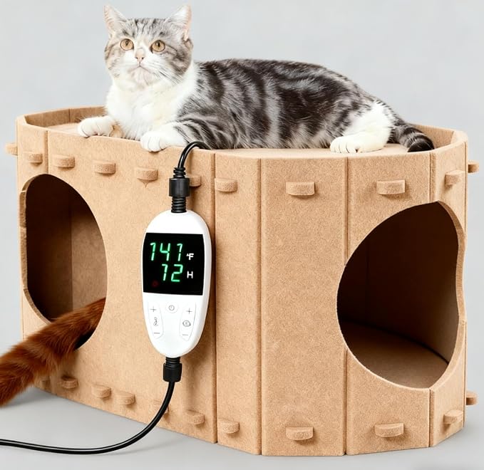 Largre Heated Cat House for Indoor & Outside Cats,Heated Pet Bed with Timer & Temp Adjustable Heating Pad for Indoor Kitty, Scratch Resistant Caves（23 * 12 * 13inch）