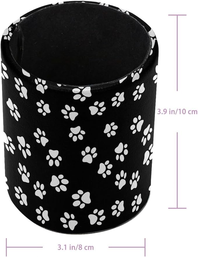 White Dog Paw Print Black Background Pencil Box, Multiple-Use Desk Writing Stationary Organizer Pen Holder Cups Office School Supplies Storage