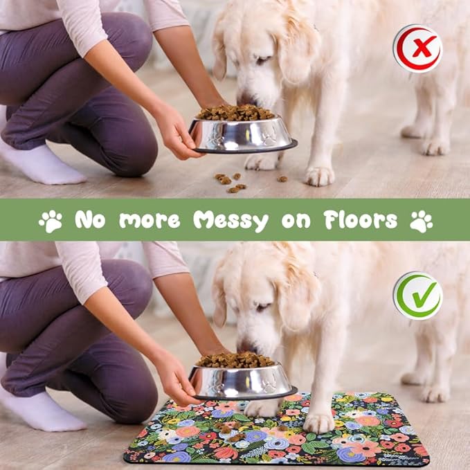 Dog Food Mats for Floors Waterproof, Pet Water Bowl Mats Pet Feeding Absorbent Placemats Flower 12 * 20 inch