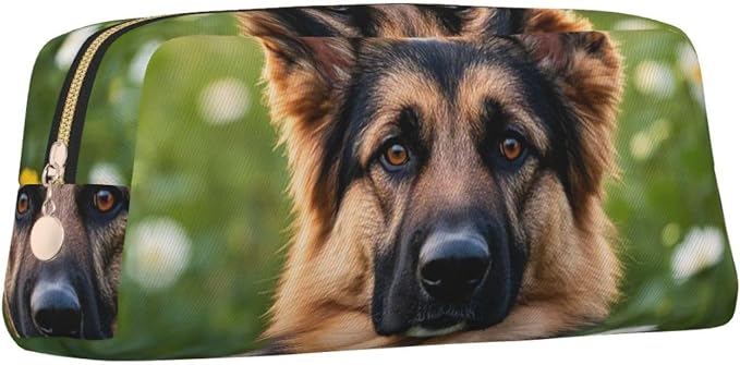 PU Leather Pencil Case Cosmetic Pencil Bags Makeup Pouch with Zipper | Cute Pet German Shepherd Dog Pen Pouch Portable Cosmetic Organizer Bag For Office Woman Man