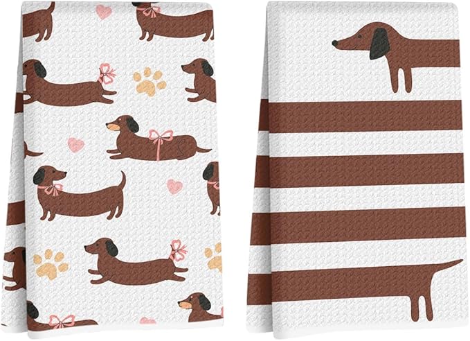 2 Pcs Cute Dachshund Kitchen Towels 24x14 Inch, Dachshund Gifts Reusable Dish Towels for Kitchen Bathroom Decor, Waffle Weave Hand Cloth Tea Towel, Cute Weiner Dog Gifts for Women Mom Friend