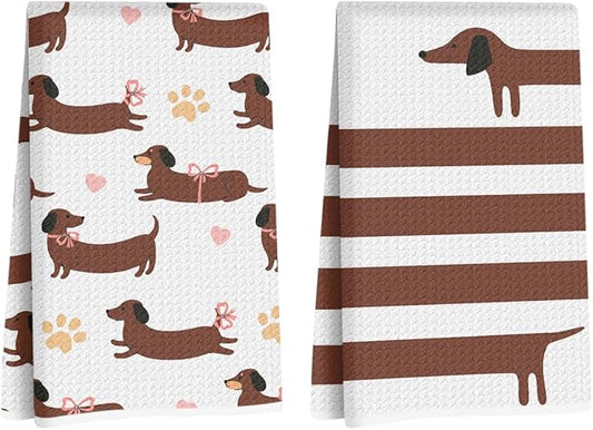 2 Pcs Cute Dachshund Kitchen Towels 24x14 Inch, Dachshund Gifts Reusable Dish Towels for Kitchen Bathroom Decor, Waffle Weave Hand Cloth Tea Towel, Cute Weiner Dog Gifts for Women Mom Friend