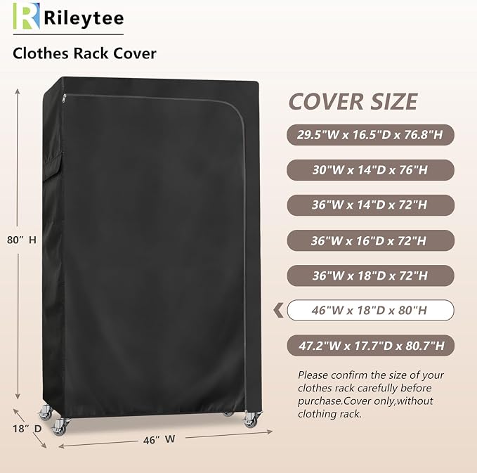 Rileytee Garment Rack Cover,600D Heavy Duty Waterproof Clothing Rack Cover,Clothes Rack Cover with Zipper for Metal Garment Rack(Black,46"W x 18"D x 80"H,Cover Only）