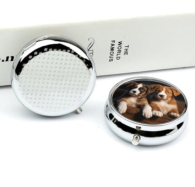 Puppies Dogs Pets Animals Pill Box Exquisite Round Pill Organizer 3 Compartments Portable Pill Case Waterproof Mini Medicine Container Cute Medicine Box for Pocket Purse Daily Vitamin Holder