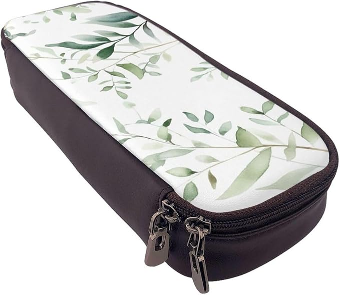 Leather Pen Case with Zipper - Aesthetic Pen Holder White Natural Greenery Twig Pencil Case for Women & Men - Handcrafted Pencil Bag Multi-Functional Travel Cosmetic Case for Work Office Tool Pouch