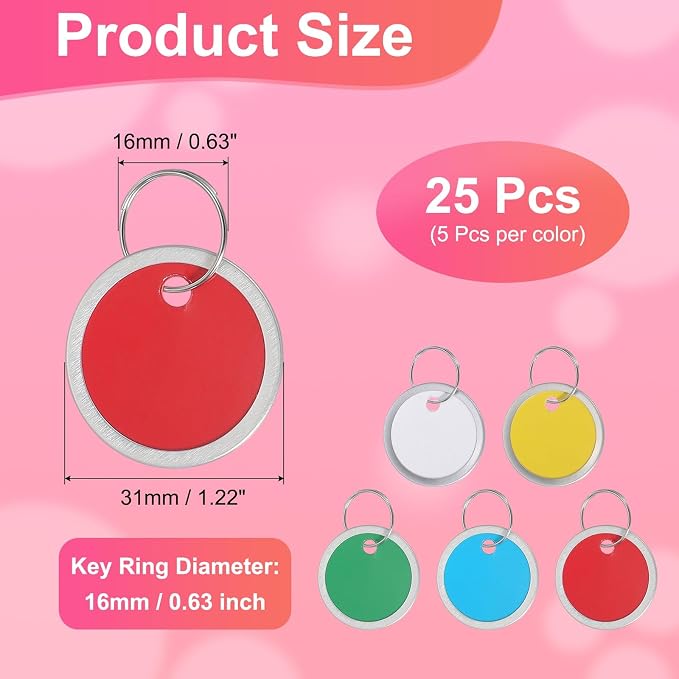 PATIKIL 1.2 Inch Metal Rim Key Tags 25 Pack Blank Round Paper Tags Bulk Writable Keychain Identifiers with Split Rings for Car Door Drawer Key Luggage Pet, Multicolor