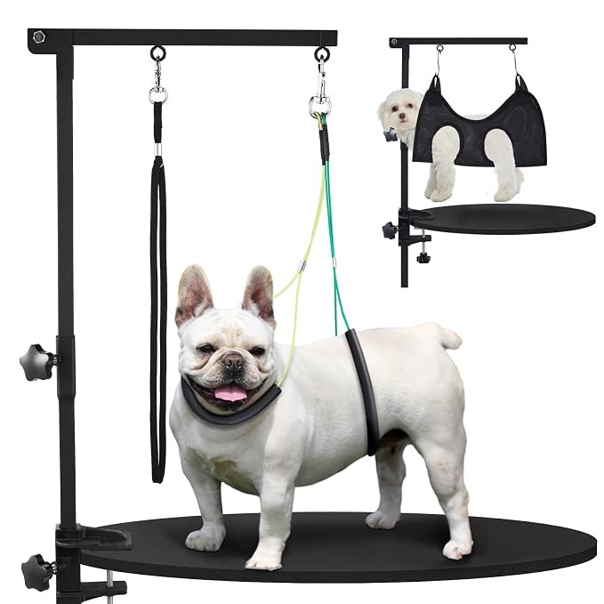 Dog Grooming Table Arm, 35-Inch Adjustable Clamp with Hammock | Adjustable Height, Secure Table Clamp, Hammock & No-Sit Holders, Small & Medium Pets, Grooming Table Not Included