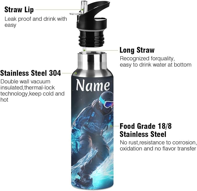 Custom Name Skier Ski Water Bottle with Straw Lid Kids Insulated Stainless Steel Water Flask Sports, 20 Oz Hot Cold