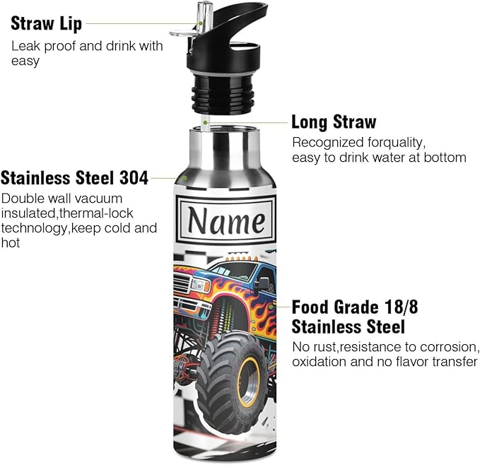 Custom Name Truck Car Checkered Water Bottle with Straw Lid Kids Insulated Stainless Steel Water Flask Sports, 20 Oz Hot Cold
