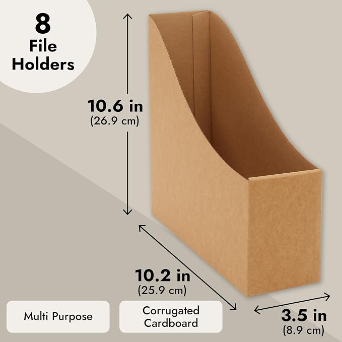 Juvale Corrugated Cardboard Magazine Holder - 3.5 x 10.2 x 10.6 in, Brown, 8-Pack - Magazine File Holder & Document Organizer with Removable Labels