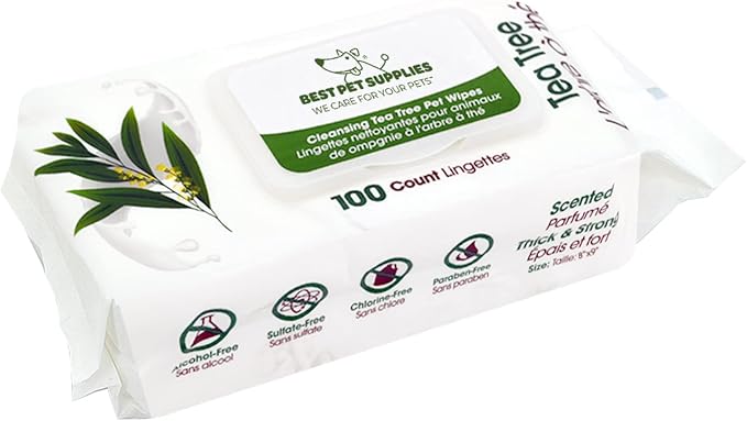 Best Pet Supplies Pet Grooming Wipes for Dogs & Cats,Deodorizer for Coats & Dry, Itchy, or Sensitive Skin, Clean Ears, Paws, Body, & Butt - Cleansing Tea Tree