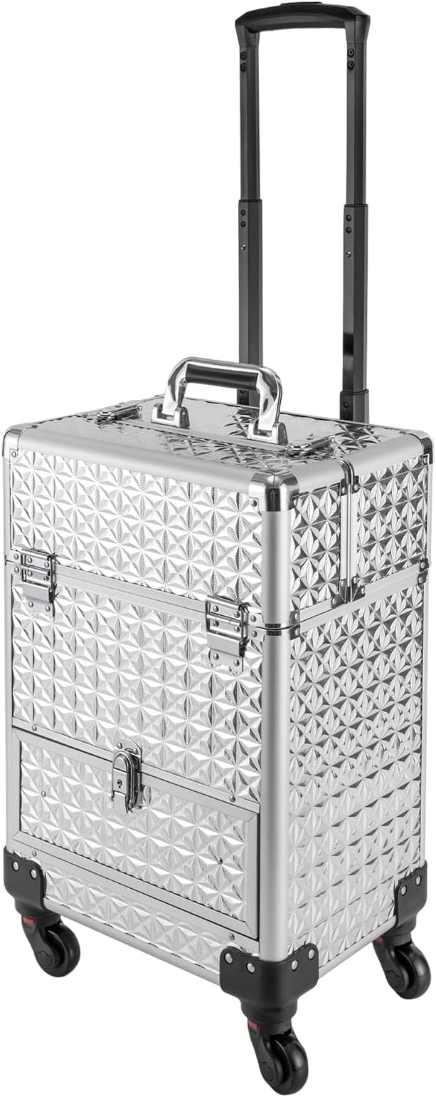 Makeup Rolling Case, Professional Rolling Nail Case Wheeled Manicure Storage Case Polish Organizer w/ Universal Wheels, Portable Adjustable Studio Travel Cart for Nail Technicians Hairstylist (Sliver)
