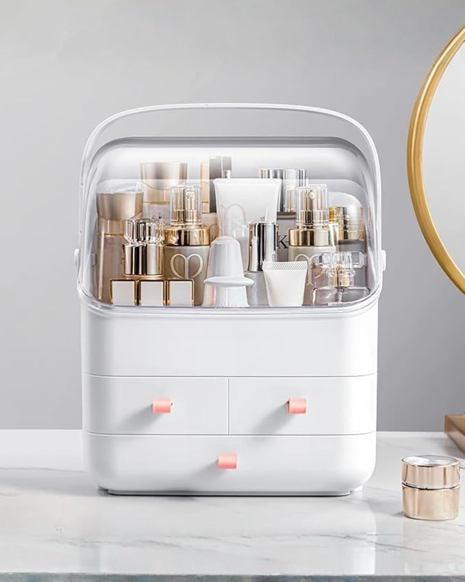 LINFIDITE Cosmetic Storage Box with Lid Makeup Organizer Box with Dust Free Cover Portable Handle,Large Makeup Display Case with Drawers Fully Open Lid,Great for Dresser Bathroom Countertop