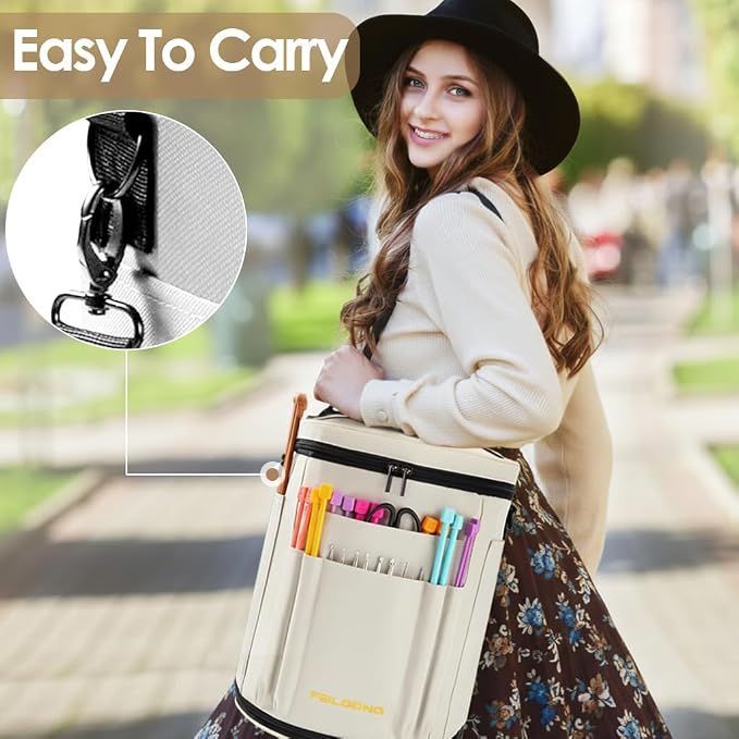 Expandable Crochet Bag Organizer, Yarn Knitting Storage, White | Sturdy Light Yarn Tote, Multiple Pockets and Yarn Holes, with Accessories Pouch shoulder strap, Portable, Gift for Crafters