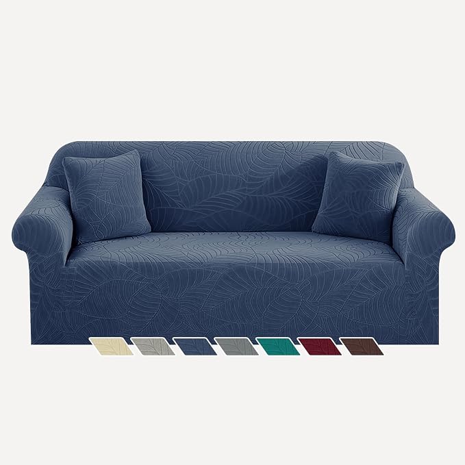 YEMYHOM Couch Cover Latest Jacquard Design High Stretch Sofa Covers for 3 Cushion Couch, Pet Dog Cat Proof Slipcover Non Slip Magic Elastic Furniture Protector (Large, Begonia Leaf Navy)