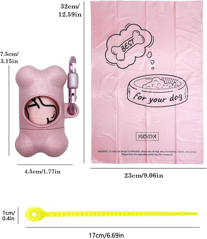 Dog Poop Pickup Bags Holder Dispenser with 1 Roll Random Color Leak-proof Scented Doggy Waste Bags and Carabiner with Safety Lock Plus Hook and Loop Fastener Never Loose on Leash Lead Again (Pink)