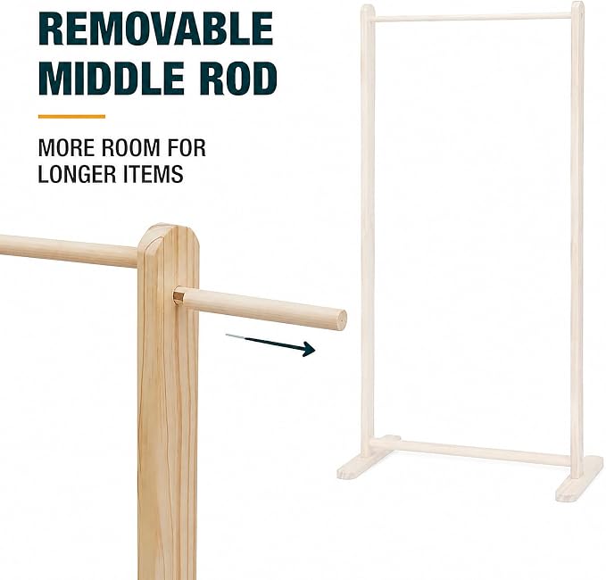 LOYALHEARTDY Wooden Pet Clothes Rack, 2-Tier Garment Display Stand | Three Hanging Rods, Lift-Out Middle Bar, T-Shaped Feet