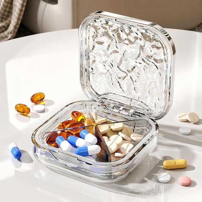 Mini Pill Box for Women, Transparent Water Ripple Design, BPA-Free Travel-Sized ABS Pill Organizer with Silicone Seal, Compact & Portable Medicine Case for Purse, Backpack & Travel