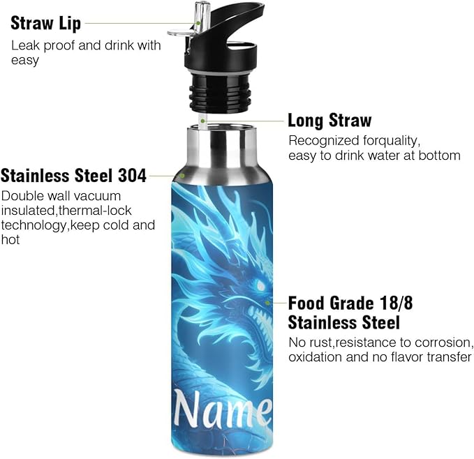 Custom Name Dragon Blue Lightning Water Bottle with Straw Lid Kids Insulated Stainless Steel Water Flask Sports, 20 Oz Hot Cold