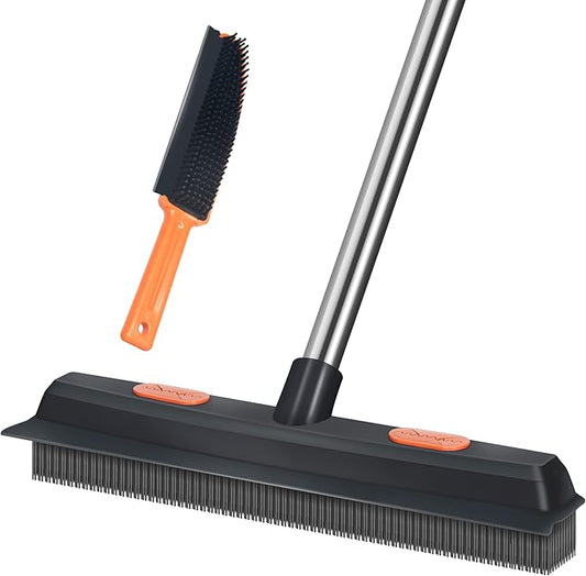 LandHope Carpet Rake for Pet Hair Remover Long Handle with Squeegee, Rubber Broom Carpet Brush Non Scratch Bristles Fur Remover Indoor Outdoor Push Broom for Cat Dog Hair Hardwood Tile Windows Clean