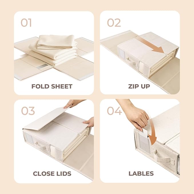 Cotton Linen Sheet Organizers and Storage, 6Pack Off-White | Undyed Natural Cotton Linen Fabric, Fits King and Queen Sheet Sets, Clear Window with Label Slot, Sturdy Foldable Organizer