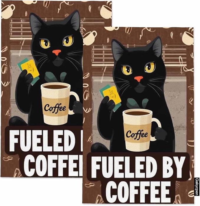 Vintage Cat 2Pcs Kitchen Towels Coffee Cute Cat Retro Fueled by Coffee 16X24 Inch Ultra Soft Tea Towel Super Absorbent Terry Dish Towels for Kitchen Linens