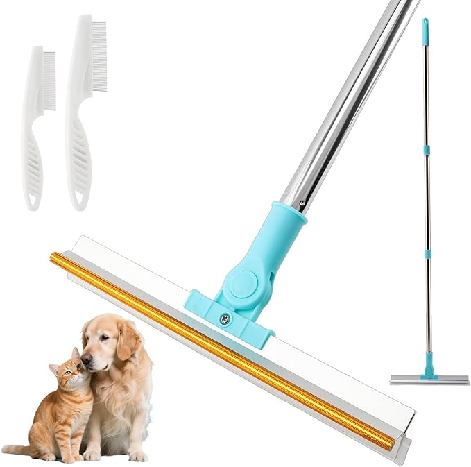 Carpet Rake for Pet Hair Removal, 1 Pet Hair Removal Tool with 2 Pet-Comb, 55” Reusable Dog-Hair Carpet Rake with Adjustable Long Handle, for Sofa, Couch, Car, Rug(Color:Blue)