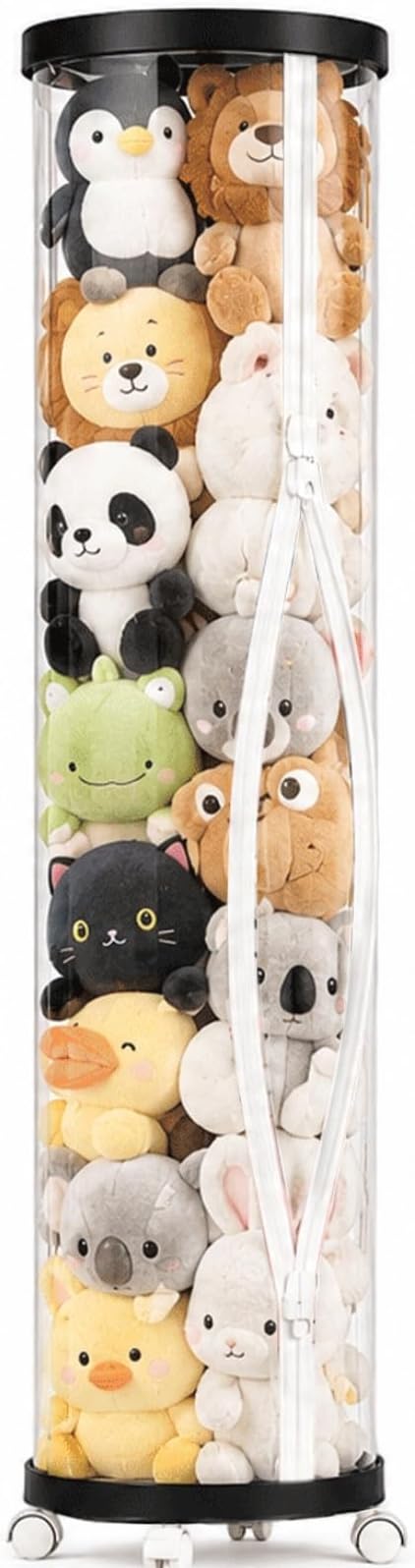 Large Stuffed Animal Storage Tube with Wheels, Tall Toy Organizer with Double Zipper, WhiteClear PET Cylinder Container for Plush Toy Organization, Space Saving Kids Room Storage,Black