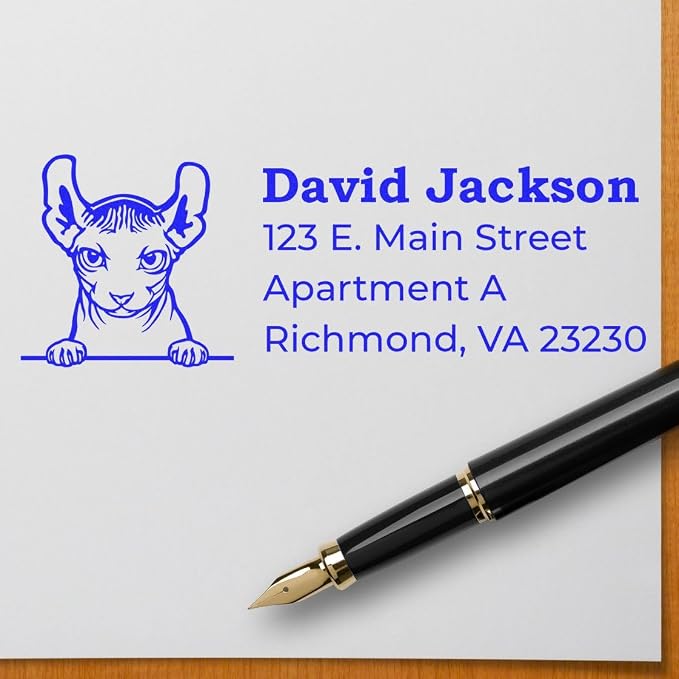 Peeking Dwelf Cat Self-Inking Return Address Stamp - Clear Impressions | Personalised Address Stamp for Pet Owners. Rectangular imprint. Made to Order Dwelf Cat Rectangular Address Stamp. 4 lines.